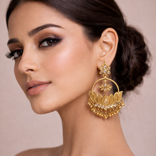 Antique Gold Kundan Chandbali Earrings for Women – Traditional Bridal Jewelry - JOKOS