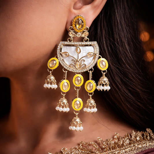 Kashmiri ethnic yellow meenakari earrings with Pearls | Jokos