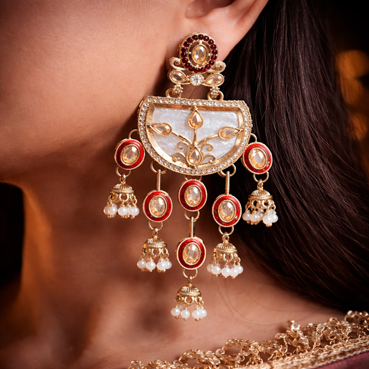 Kashmiri Traditional Red Meenakari Earrings with Pearls | Jokos