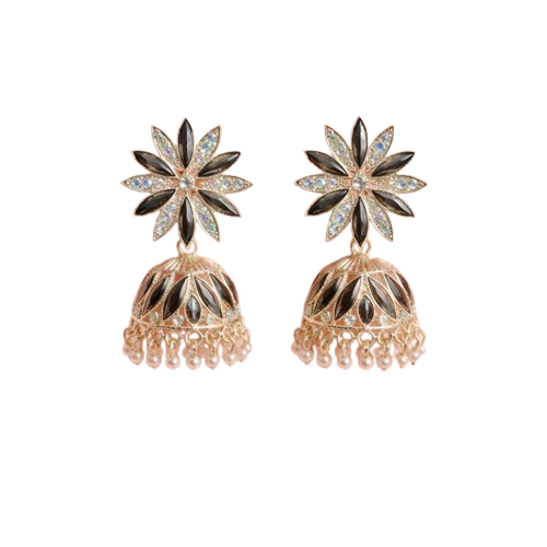 Floral Black Stone Pearl Jhumka Earrings for Women | JOKOS
