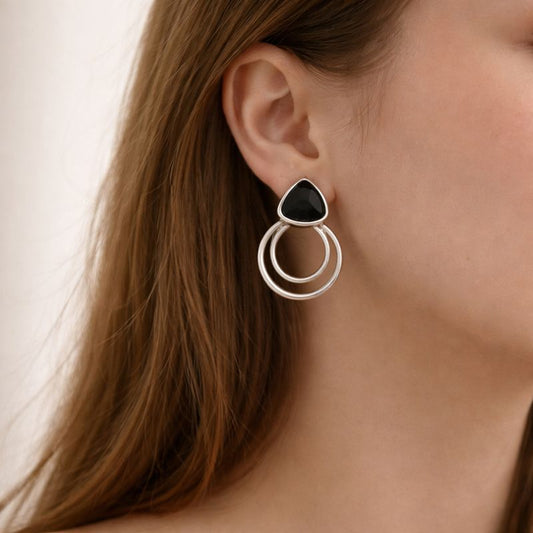 Korean Black Double Hoop Drop Earrings for Women - JOKOS