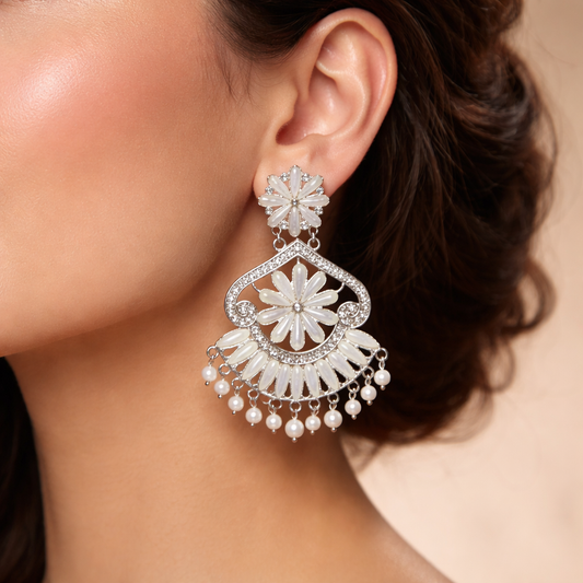 White Floral Pearl Chandelier Earrings for Women - JOKOS