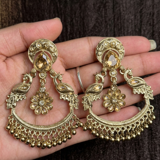 Antique Gold Chandbali Earrings with Floral Drop – Ethnic Statement Jewellery - JOKOS