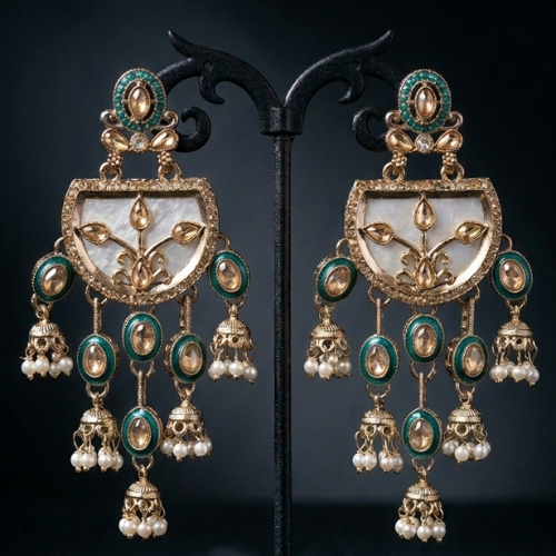 Kashmiri ethnic Green meenakari earrings with Pearls | Jokos