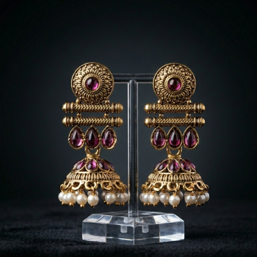 Afghani Oxidised Wine Stone Pearl Jhumka Earrings for Women | Jokos
