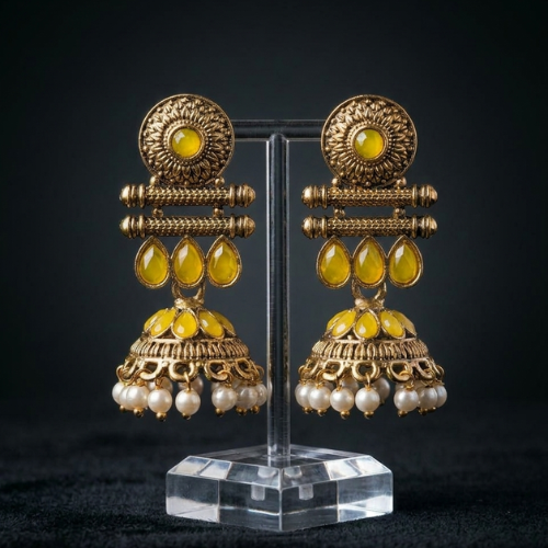 Afghani Oxidised Yellow Stone Pearl Jhumka Earrings for Women | Jokos