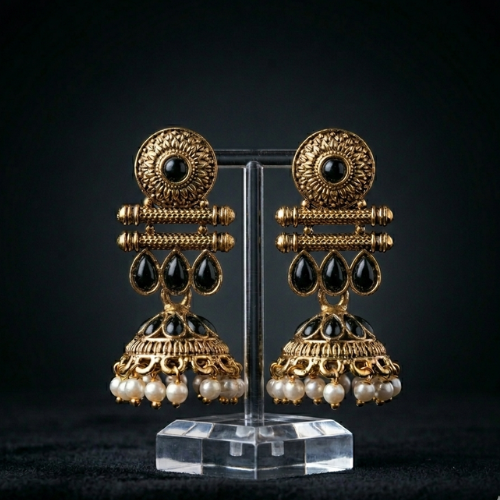 Afghani Oxidised Black Stone Pearl Jhumka Earrings for Women | Jokos