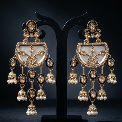 Kashmiri ethnic Black meenakari earrings with Pearls | Jokos