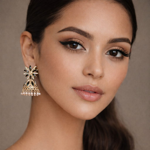 Floral Black Stone Pearl Jhumka Earrings for Women | JOKOS