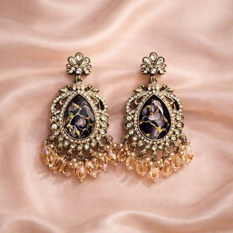 Black marble stone beaded drop earrings for women