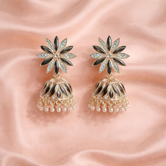 Floral black stone pearl jhumka earrings for women