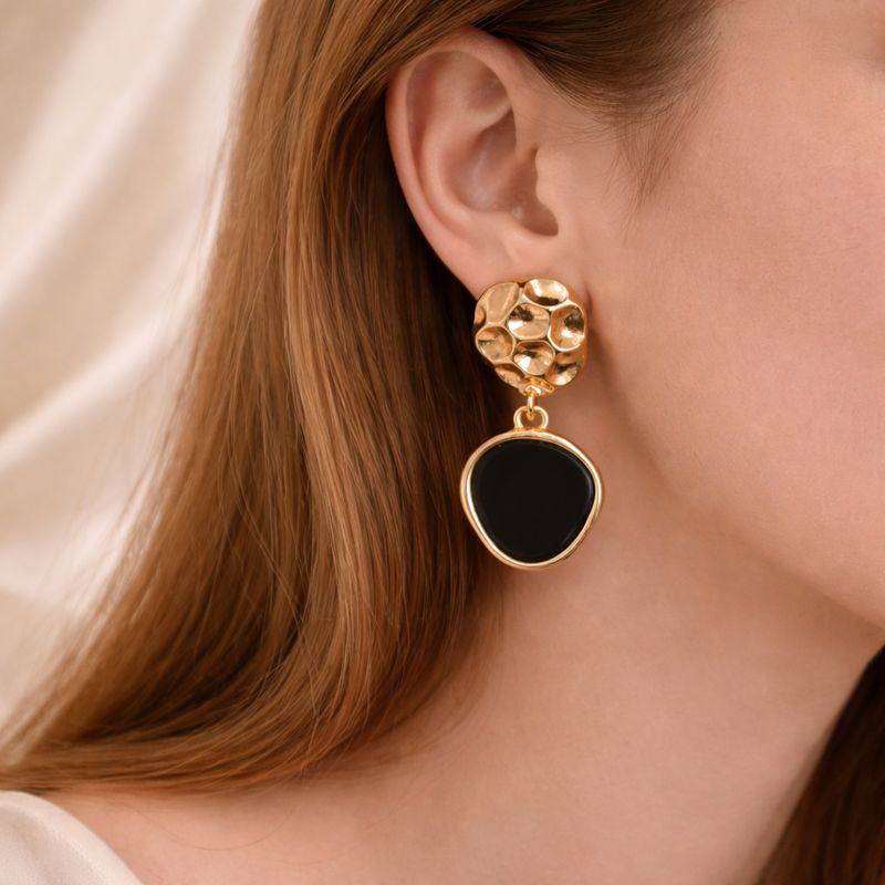 Elegant Korean Black Drop Earrings with Gold Texture - JOKOS