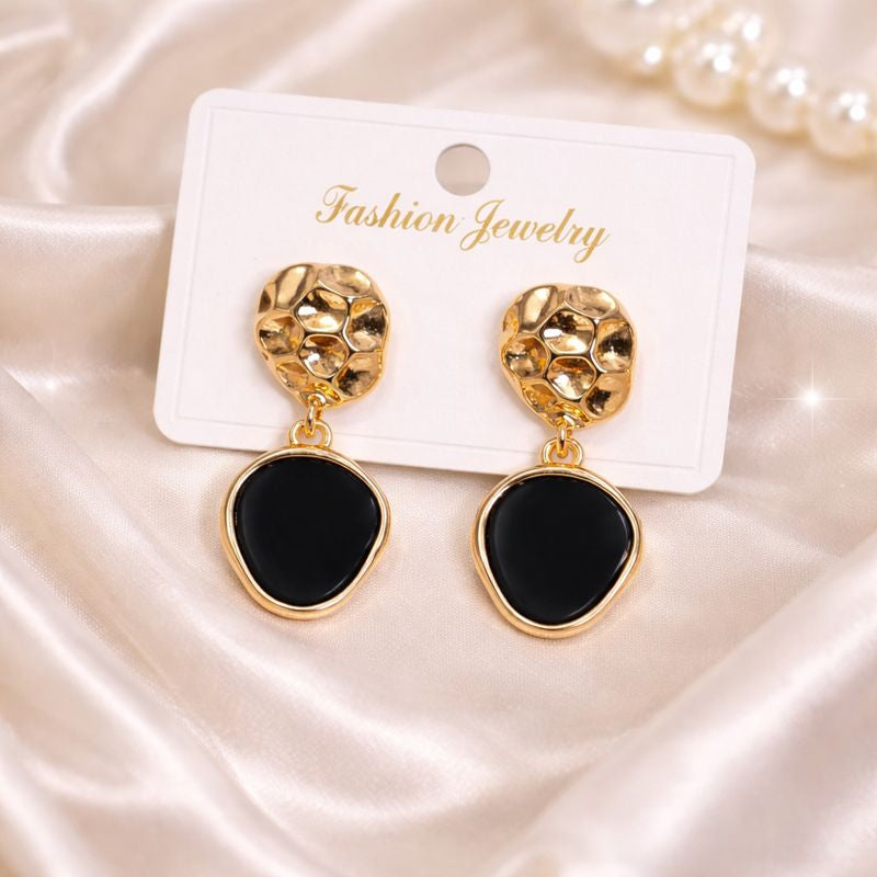 Elegant Korean Black Drop Earrings with Gold Texture - JOKOS