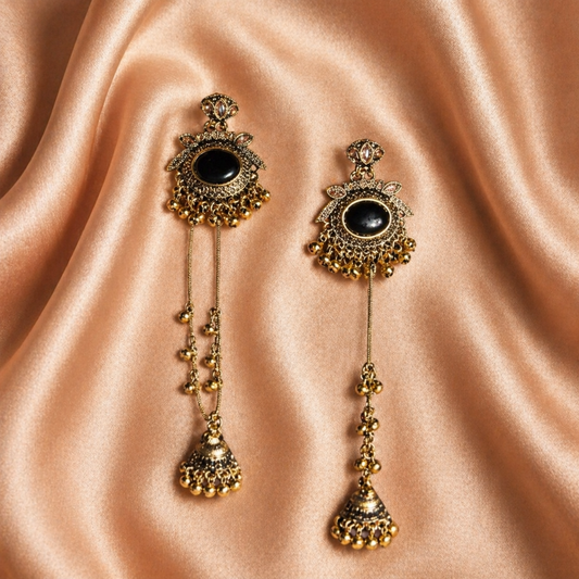 Kashmiri Black Stone Long Chain Ghungroo Earrings for Women | Jokos