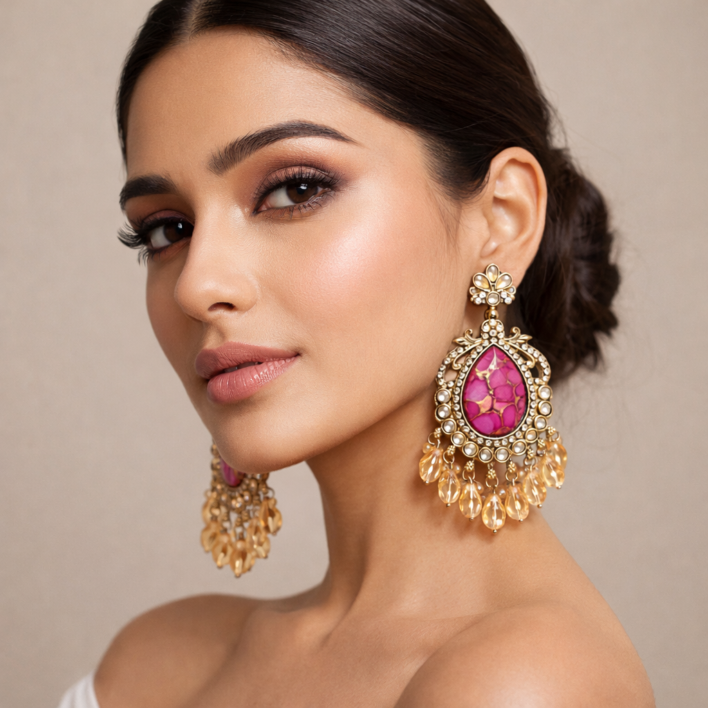 Royal Pink Kundan Ethnic Earrings for Women | Traditional Bridal Jewelry - JOKOS
