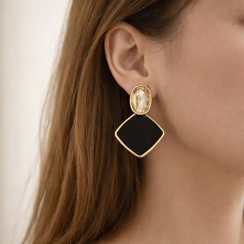 Korean Black Geometric Drop Earrings - JOKOS