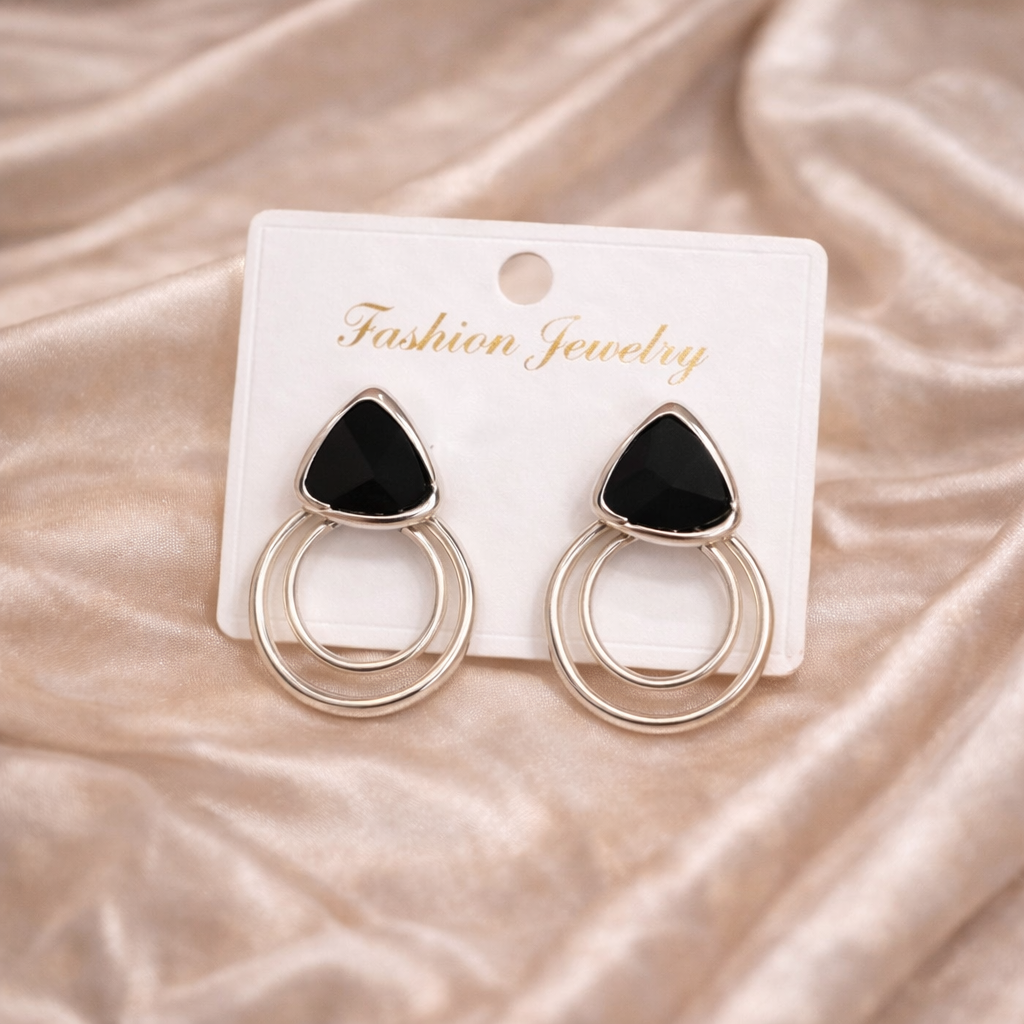 Korean Black Double Hoop Drop Earrings for Women - JOKOS