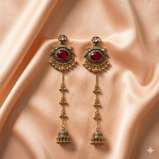 Kashmiri Red Stone Long Chain Jhumka Earrings for Women | Jokos