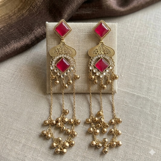 Kashmiri Long Ghungroo Earrings - Pink Stone Chandbali Statement Earrings - jokos