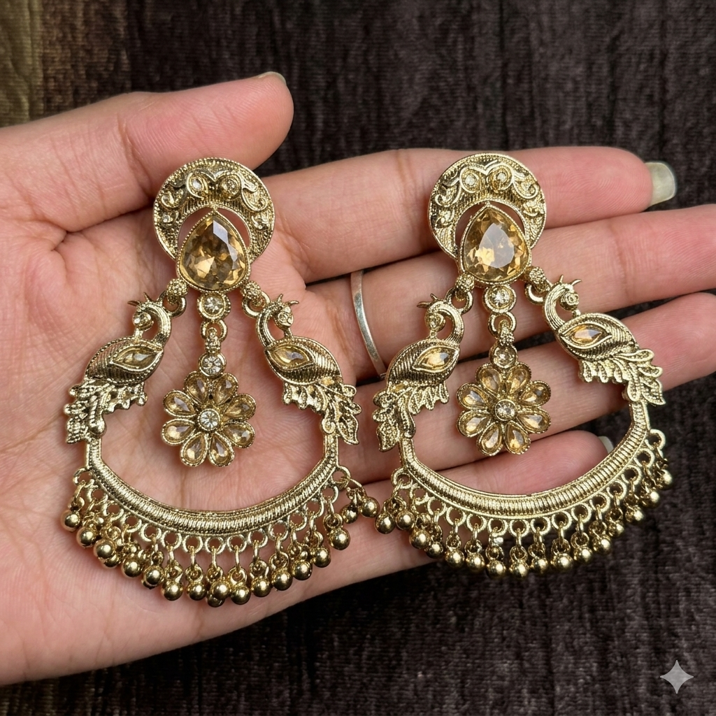 Antique Gold Chandbali Earrings with Floral Drop – Ethnic Statement Jewellery - JOKOS