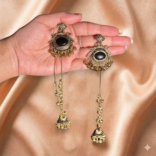 Kashmiri Black Stone Long Chain Ghungroo Earrings for Women | Jokos