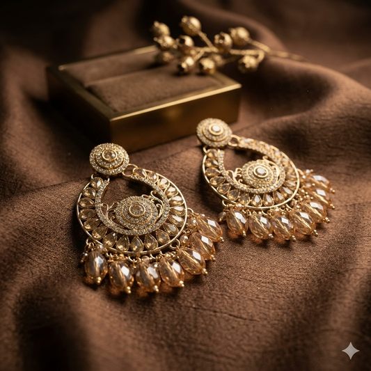 Antique Gold Crystal Chandbali Earrings with Beads – Festive Statement Jewellery - jokos