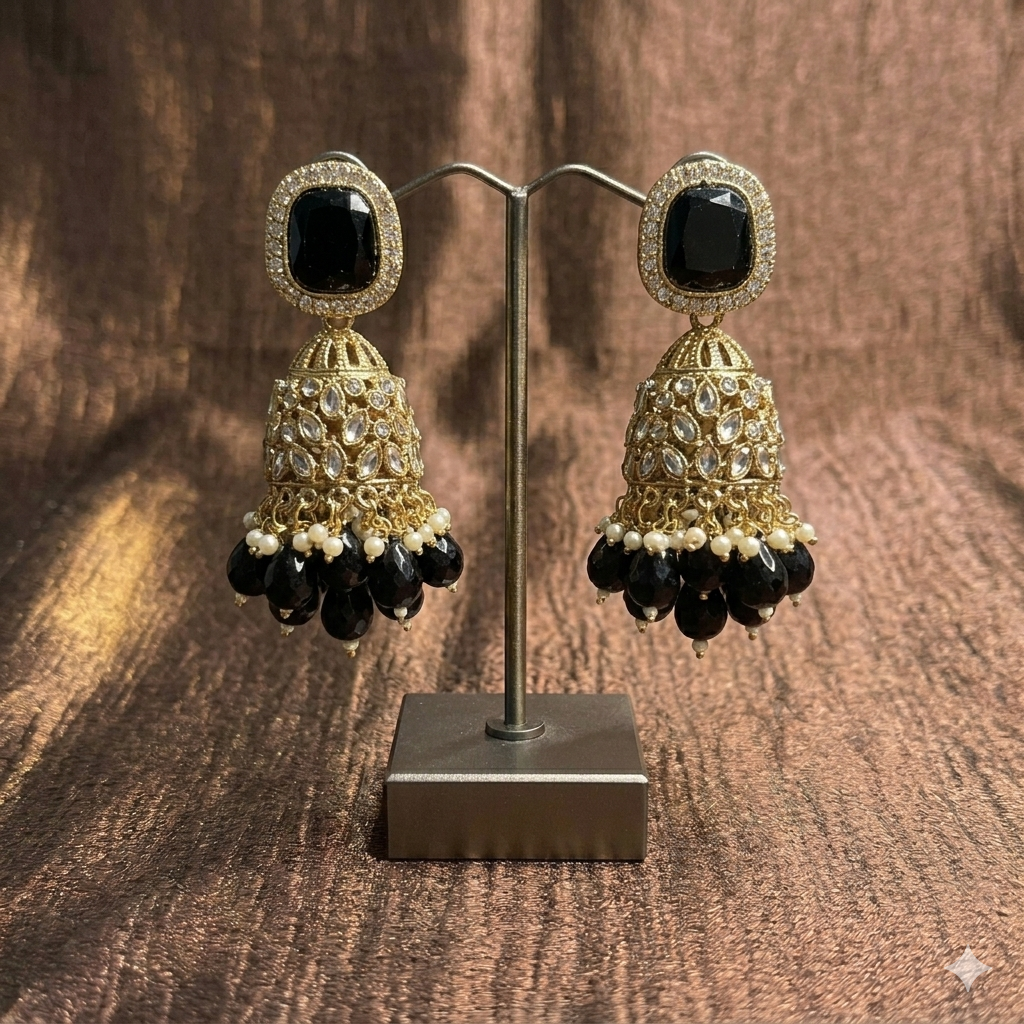 Antique Black Stone Jhumka Earrings with Pearls – Ethnic Party Wear - JOKOS