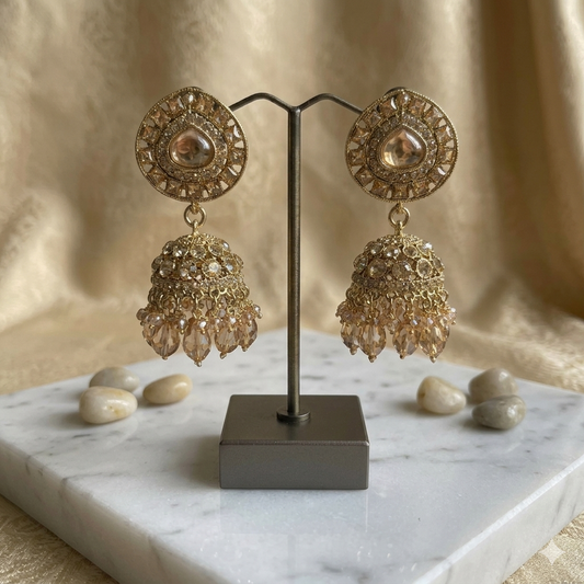 Antique Gold Crystal Jhumka Earrings with Bead Drops – Festive Ethnic Jewellery - jokos