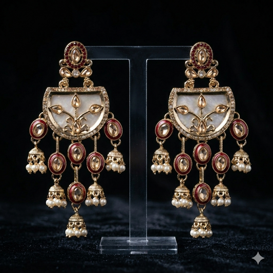 Kashmiri Traditional Red Meenakari Earrings with Pearls | Jokos