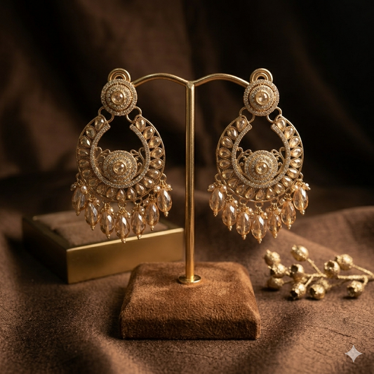 Antique Gold Crystal Chandbali Earrings with Beads – Festive Statement Jewellery - jokos