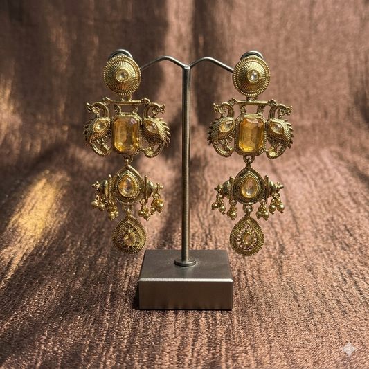 Antique gold temple earrings with crystal drops statement jewellery - jokos