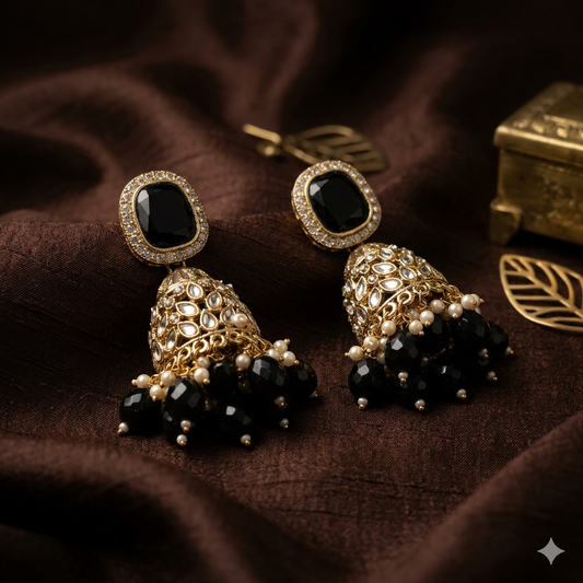 Antique Black Stone Jhumka Earrings with Pearls – Ethnic Party Wear - JOKOS