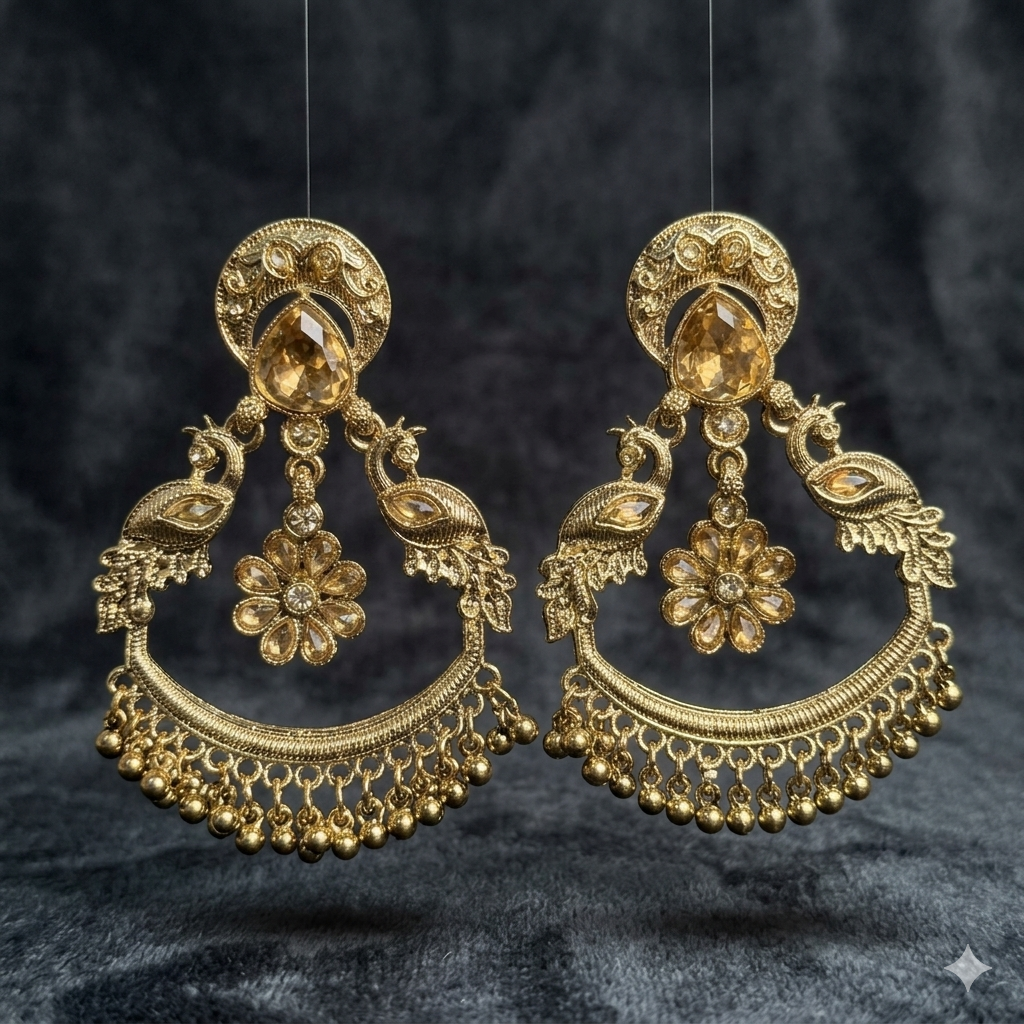 Antique Gold Chandbali Earrings with Floral Drop – Ethnic Statement Jewellery - JOKOS