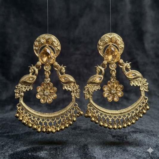 Antique Gold Chandbali Earrings with Floral Drop – Ethnic Statement Jewellery - JOKOS