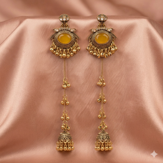 Kashmiri Yellow Stone Long Chain Jhumka Earrings for Women | Jokos