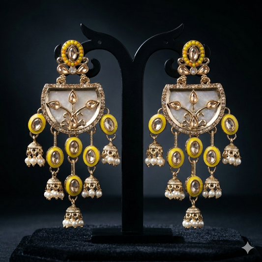 Kashmiri ethnic yellow meenakari earrings with Pearls | Jokos