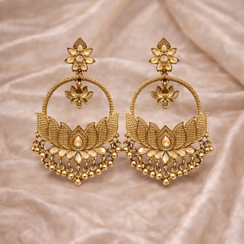 Antique Gold Kundan Chandbali Earrings for Women – Traditional Bridal Jewelry - JOKOS
