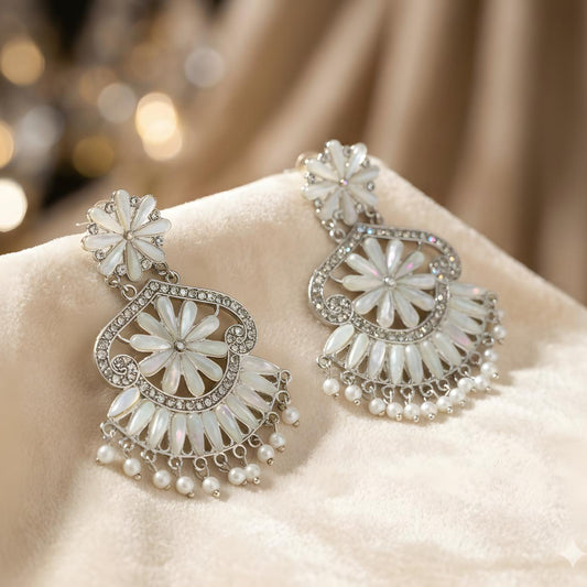 White floral pearl chandelier earrings for women luxury jewellery