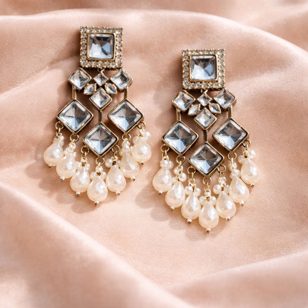 Mirror Pearl Drop Earrings for Women – Gold Plated Bridal Ethnic Jewelry