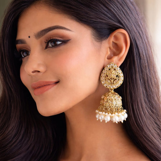 Antique Gold Pearl Jhumka Earrings for Women | Traditional Ethnic Drop Earrings Jokos