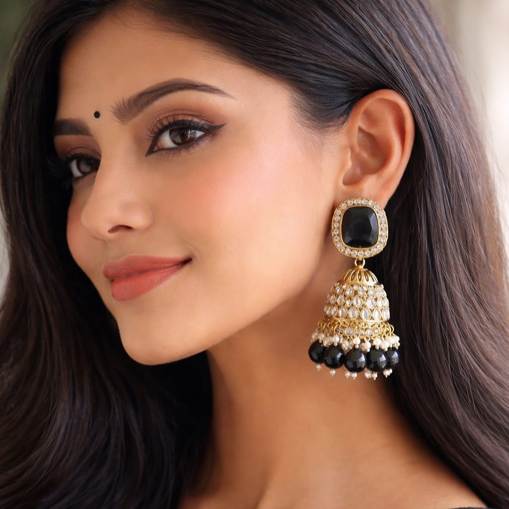 Antique Black Stone Jhumka Earrings with Pearls – Ethnic Party Wear - JOKOS